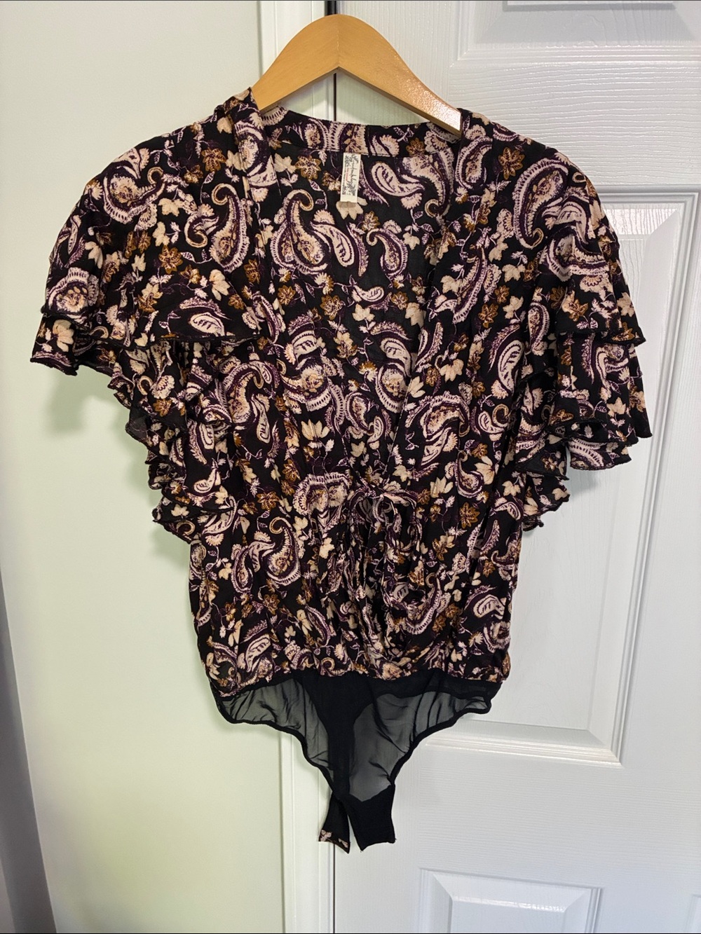 Free People Paisley Ruffle Sleeve Bodysuit - Black, Pink & Brown